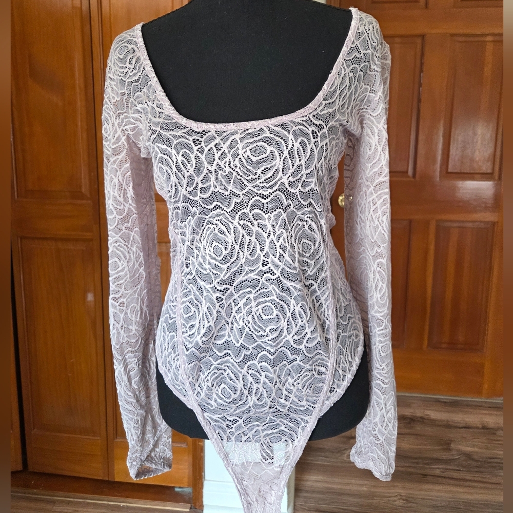 Free People Lavender Lace Long Sleeve Bodysuit